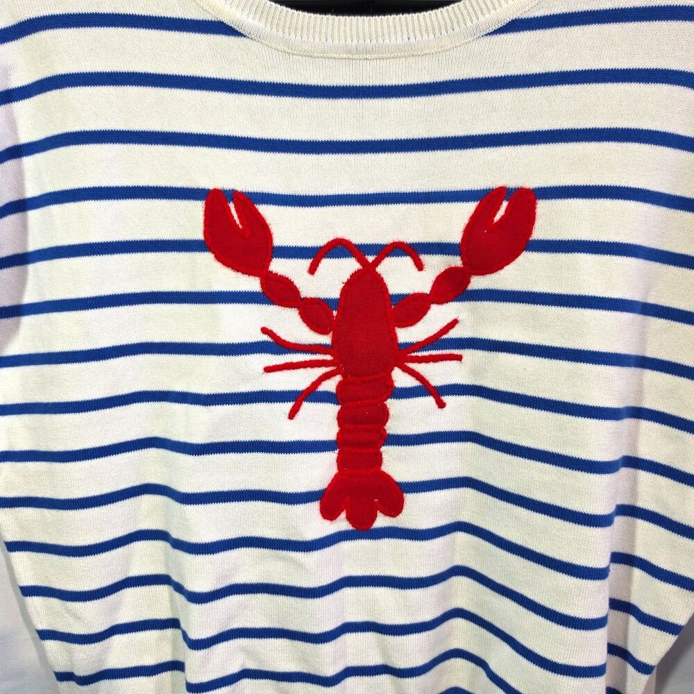 NWT Calligraphie Lobster Sweater Vest Striped Cap Sleeve Knit Top Blue White M